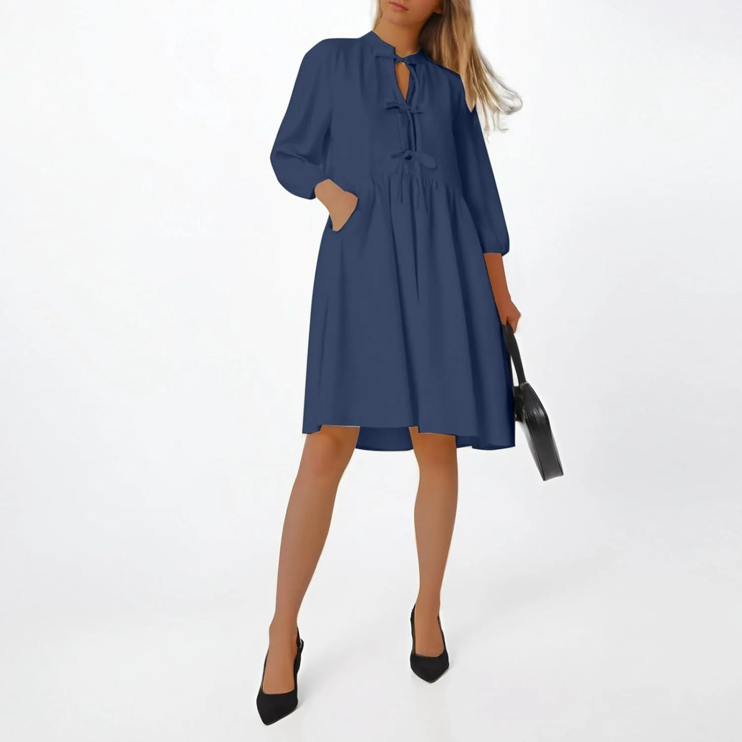 Women's Dress Fall Long Puff Sleeve Self Tie Front Babydoll A Line Pleated Cute Mini Tunic Dresses 2025