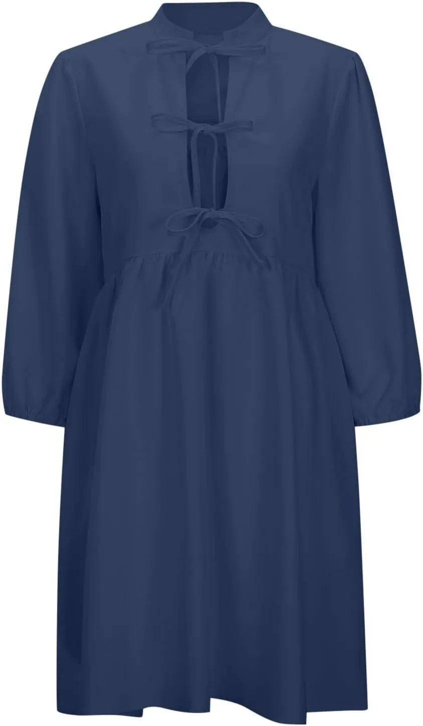 Women's Dress Fall Long Puff Sleeve Self Tie Front Babydoll A Line Pleated Cute Mini Tunic Dresses 2025