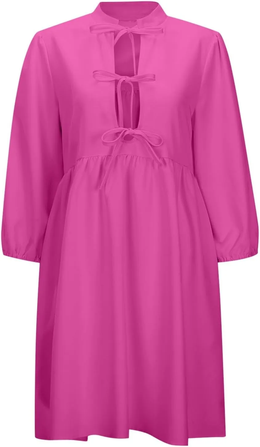 Women's Dress Fall Long Puff Sleeve Self Tie Front Babydoll A Line Pleated Cute Mini Tunic Dresses 2025