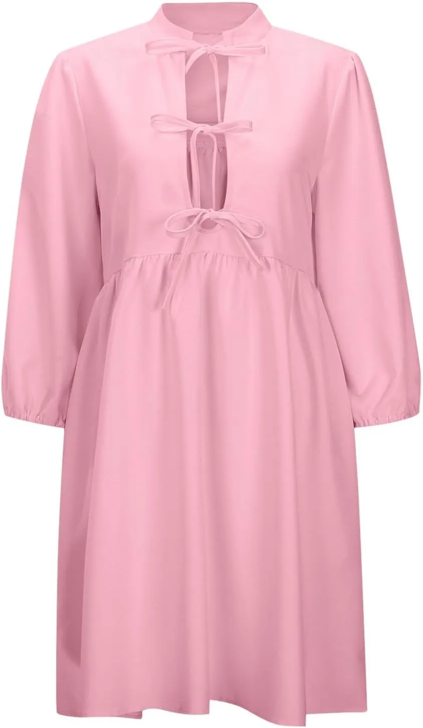 Women's Dress Fall Long Puff Sleeve Self Tie Front Babydoll A Line Pleated Cute Mini Tunic Dresses 2025