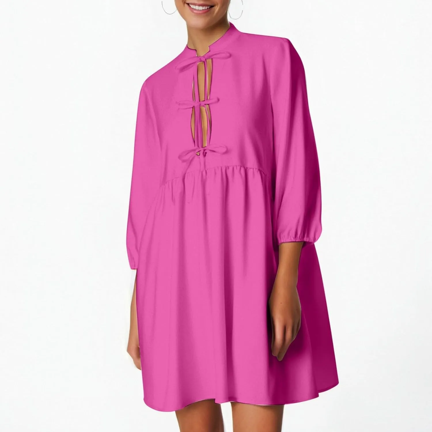 Women's Dress Fall Long Puff Sleeve Self Tie Front Babydoll A Line Pleated Cute Mini Tunic Dresses 2025