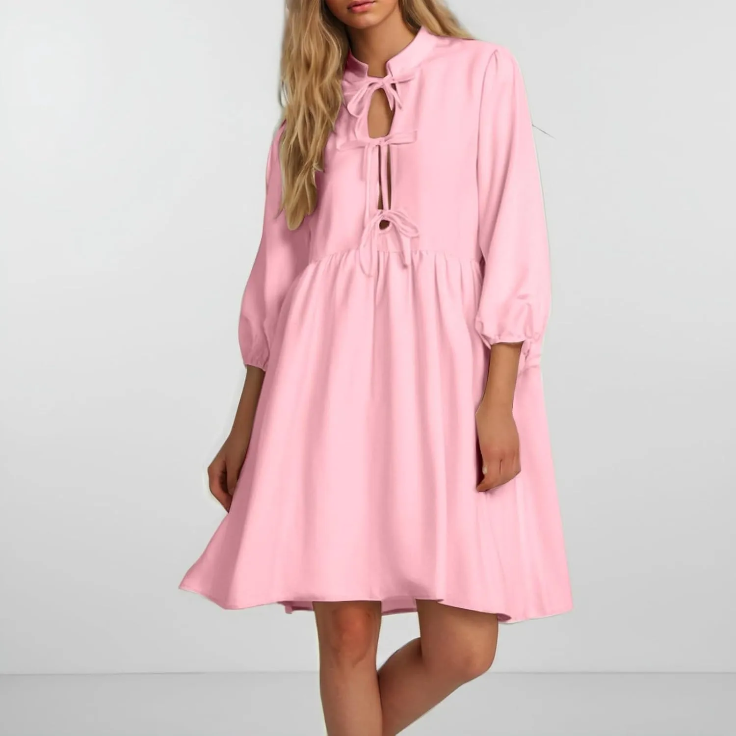 Women's Dress Fall Long Puff Sleeve Self Tie Front Babydoll A Line Pleated Cute Mini Tunic Dresses 2025