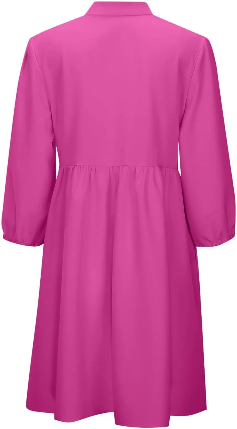 Women's Dress Fall Long Puff Sleeve Self Tie Front Babydoll A Line Pleated Cute Mini Tunic Dresses 2025