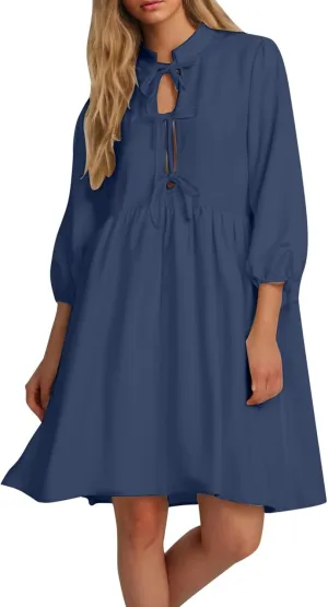 Women's Dress Fall Long Puff Sleeve Self Tie Front Babydoll A Line Pleated Cute Mini Tunic Dresses 2025