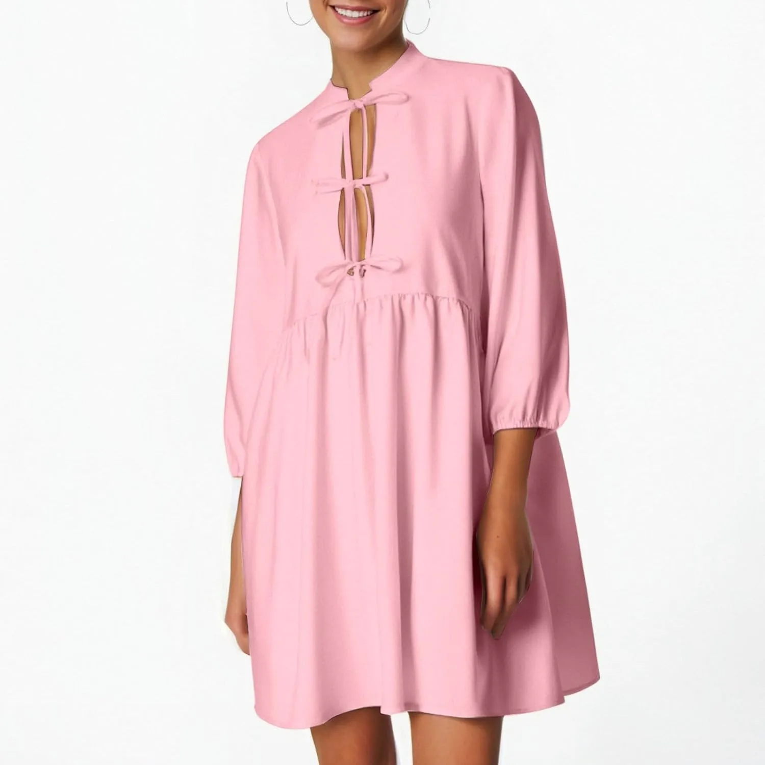 Women's Dress Fall Long Puff Sleeve Self Tie Front Babydoll A Line Pleated Cute Mini Tunic Dresses 2025