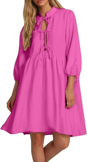 Women's Dress Fall Long Puff Sleeve Self Tie Front Babydoll A Line Pleated Cute Mini Tunic Dresses 2025