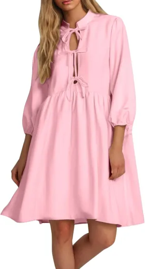 Women's Dress Fall Long Puff Sleeve Self Tie Front Babydoll A Line Pleated Cute Mini Tunic Dresses 2025