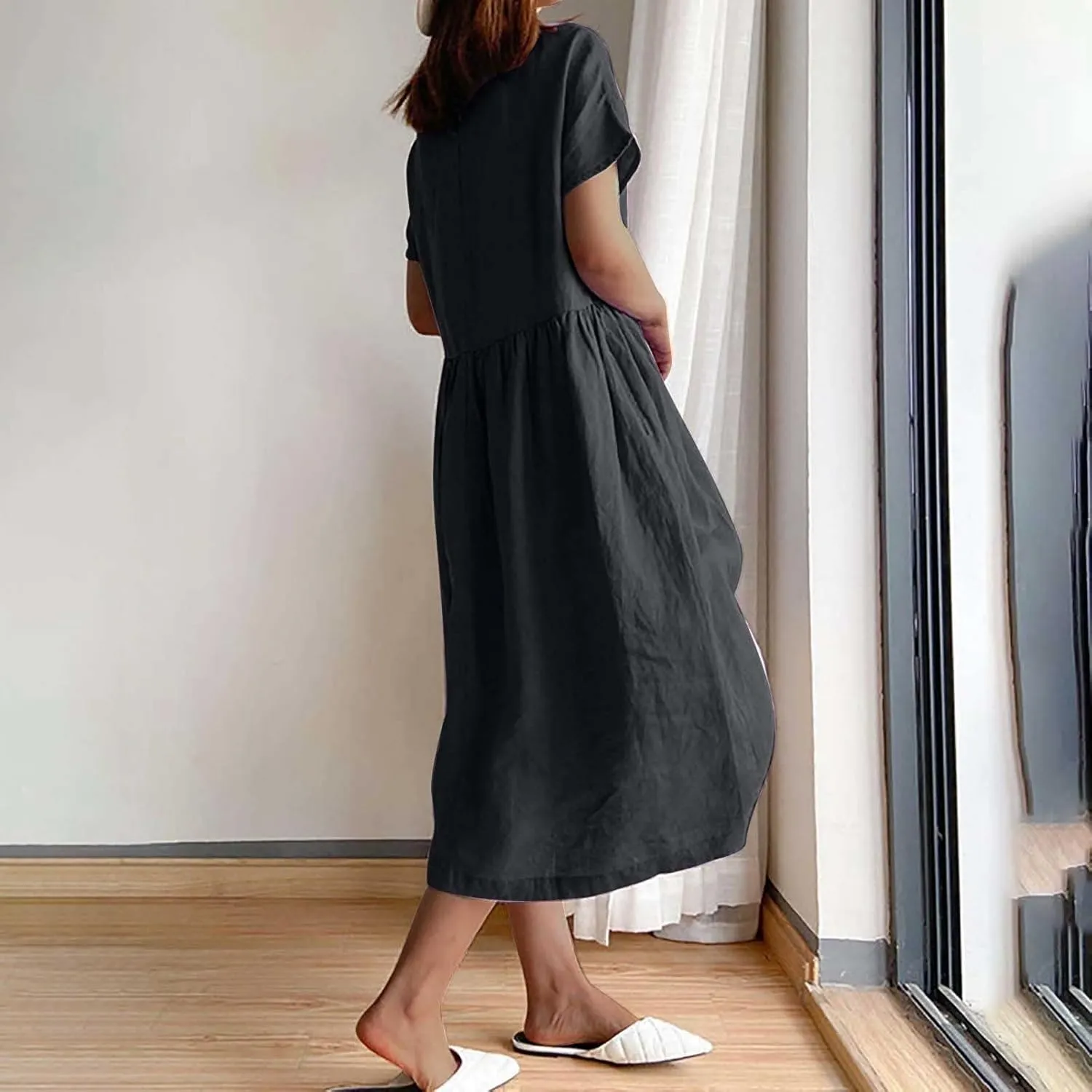 Womens Dresses 2025 Fashion Short Sleeve Solid Color Midi Dress Spring Round Neck Loose Linen Dress with Pockets