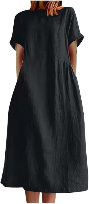 Womens Dresses 2025 Fashion Short Sleeve Solid Color Midi Dress Spring Round Neck Loose Linen Dress with Pockets