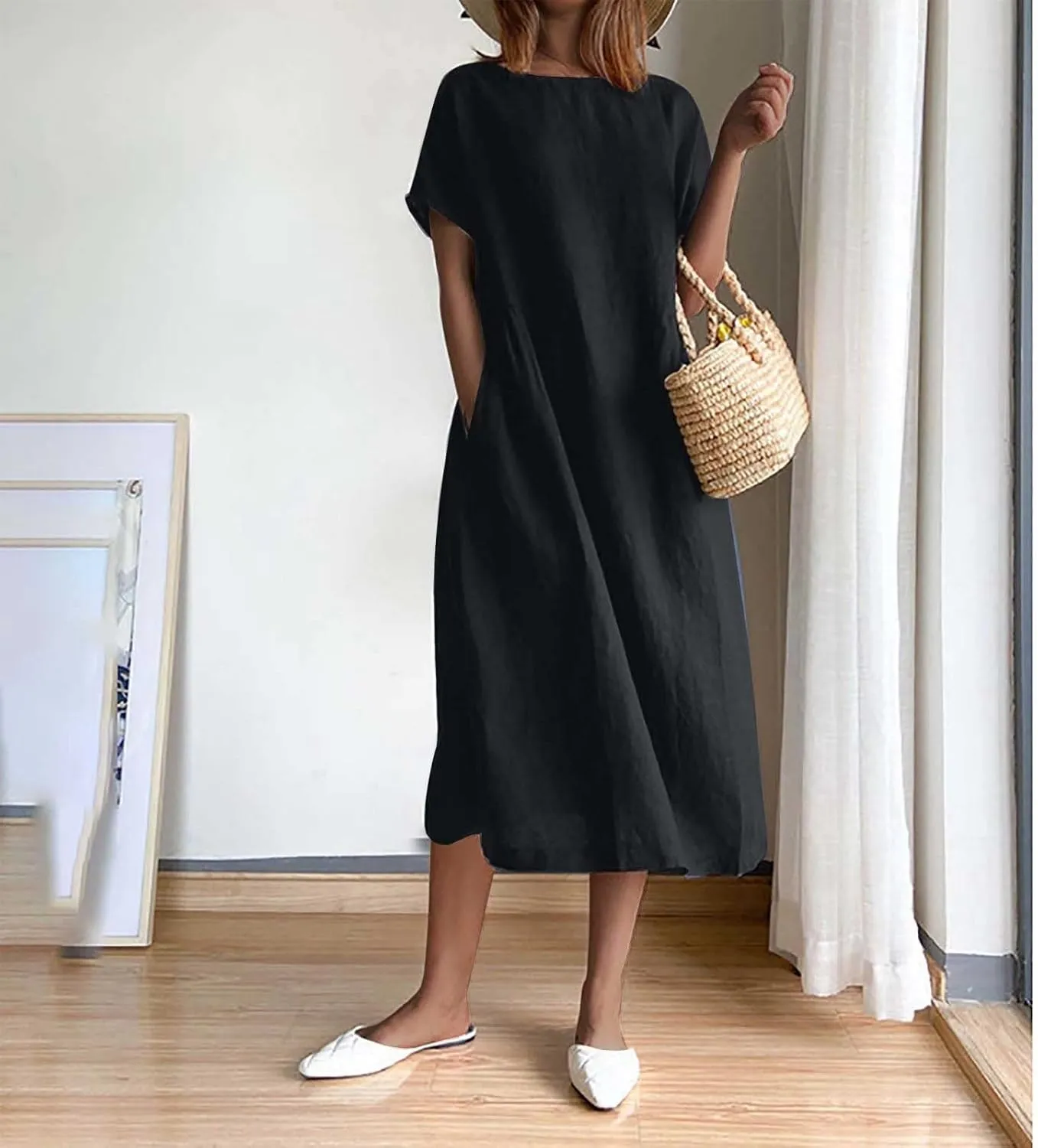 Womens Dresses 2025 Fashion Short Sleeve Solid Color Midi Dress Spring Round Neck Loose Linen Dress with Pockets