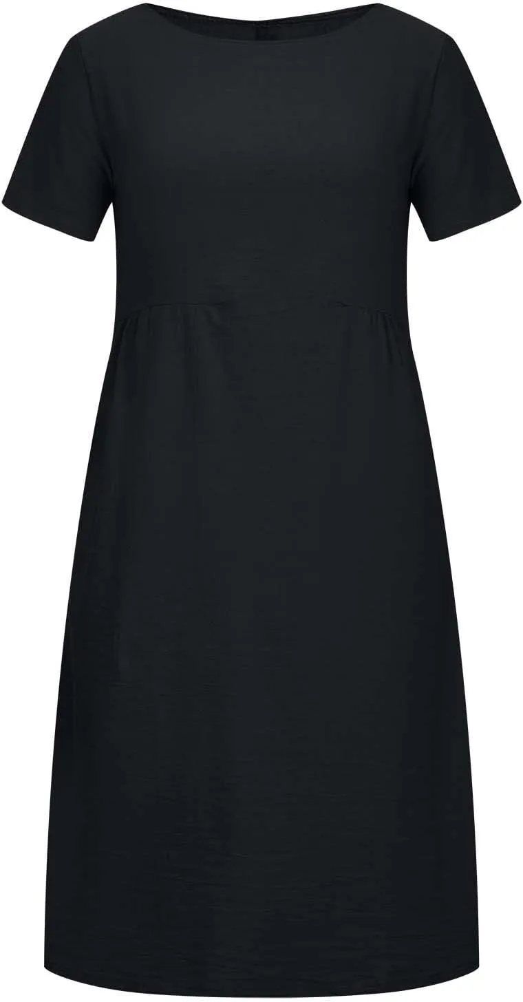 Womens Dresses 2025 Fashion Short Sleeve Solid Color Midi Dress Spring Round Neck Loose Linen Dress with Pockets