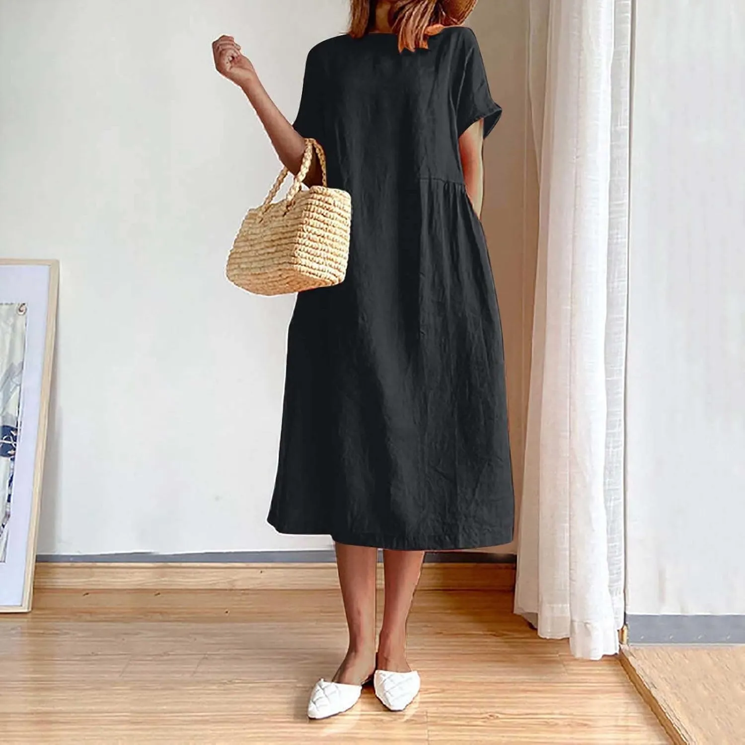 Womens Dresses 2025 Fashion Short Sleeve Solid Color Midi Dress Spring Round Neck Loose Linen Dress with Pockets