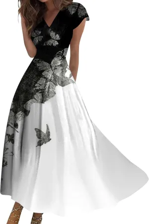 Womens Dresses Floral Print Flowy Long Dresses Cap Sleeve Wrap V Neck Sundresses Elegant Swing Beach Dress