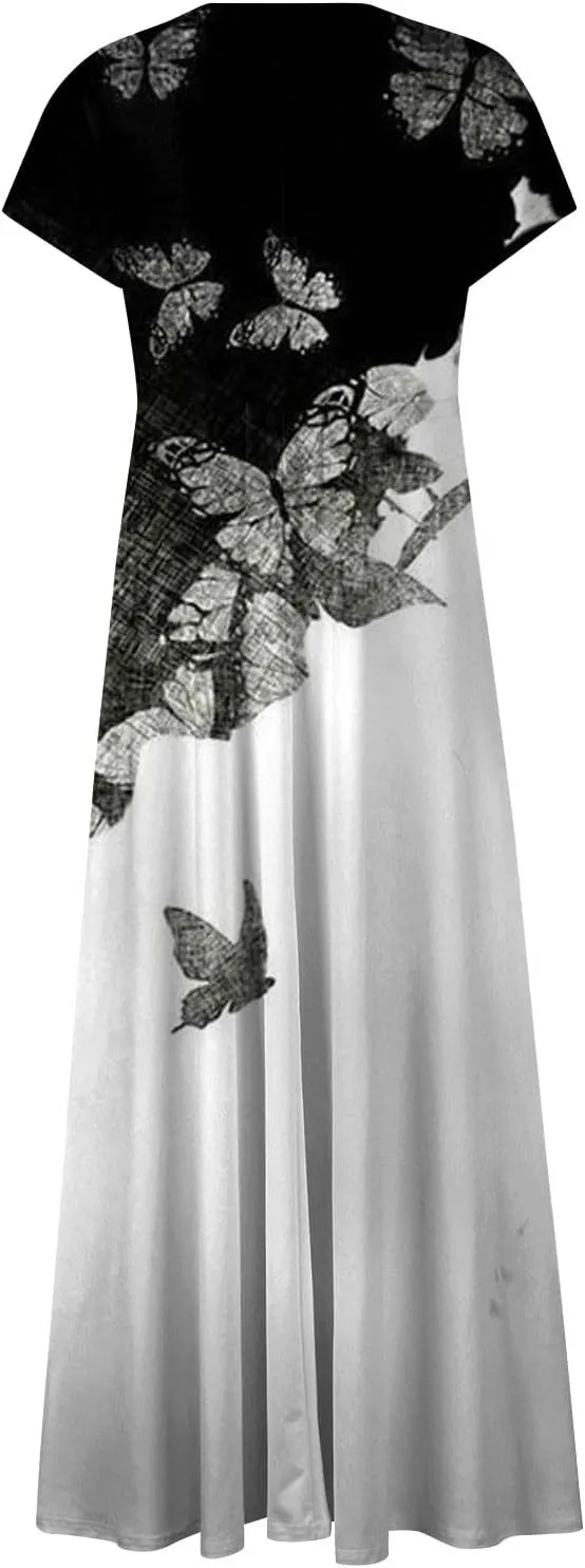 Womens Dresses Floral Print Flowy Long Dresses Cap Sleeve Wrap V Neck Sundresses Elegant Swing Beach Dress