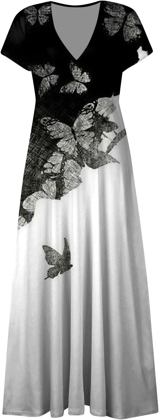 Womens Dresses Floral Print Flowy Long Dresses Cap Sleeve Wrap V Neck Sundresses Elegant Swing Beach Dress