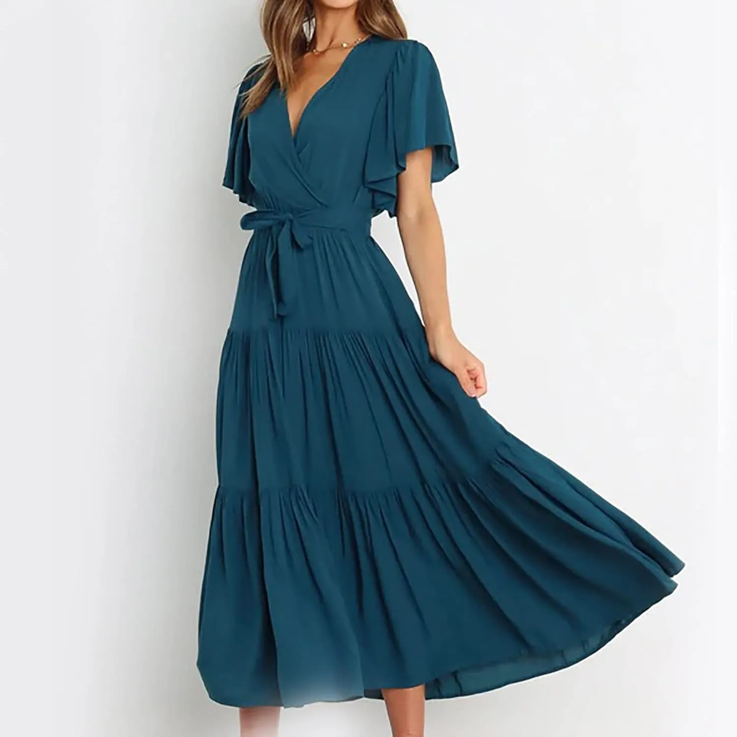 Womens Dresses Summer Casual Cross V Neck Maxi Dress Tie Waist Flutter Sleeve Tiered Ruffle Boho Beach Sundress