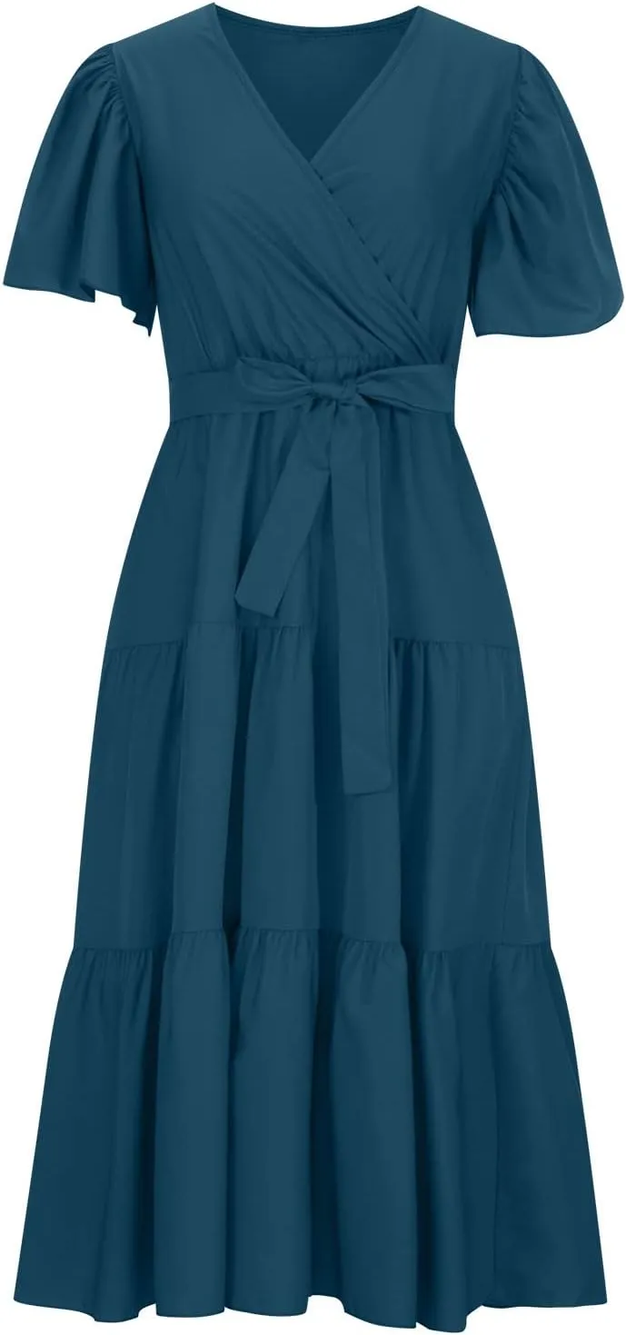 Womens Dresses Summer Casual Cross V Neck Maxi Dress Tie Waist Flutter Sleeve Tiered Ruffle Boho Beach Sundress