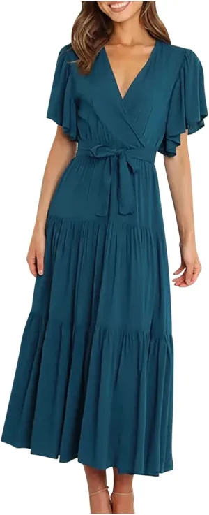 Womens Dresses Summer Casual Cross V Neck Maxi Dress Tie Waist Flutter Sleeve Tiered Ruffle Boho Beach Sundress