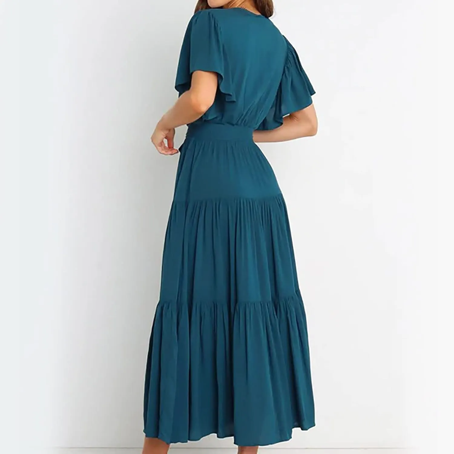 Womens Dresses Summer Casual Cross V Neck Maxi Dress Tie Waist Flutter Sleeve Tiered Ruffle Boho Beach Sundress