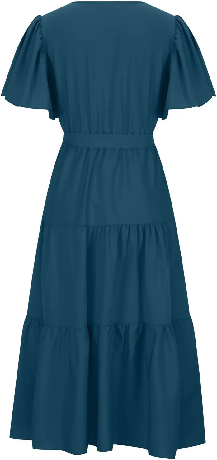 Womens Dresses Summer Casual Cross V Neck Maxi Dress Tie Waist Flutter Sleeve Tiered Ruffle Boho Beach Sundress
