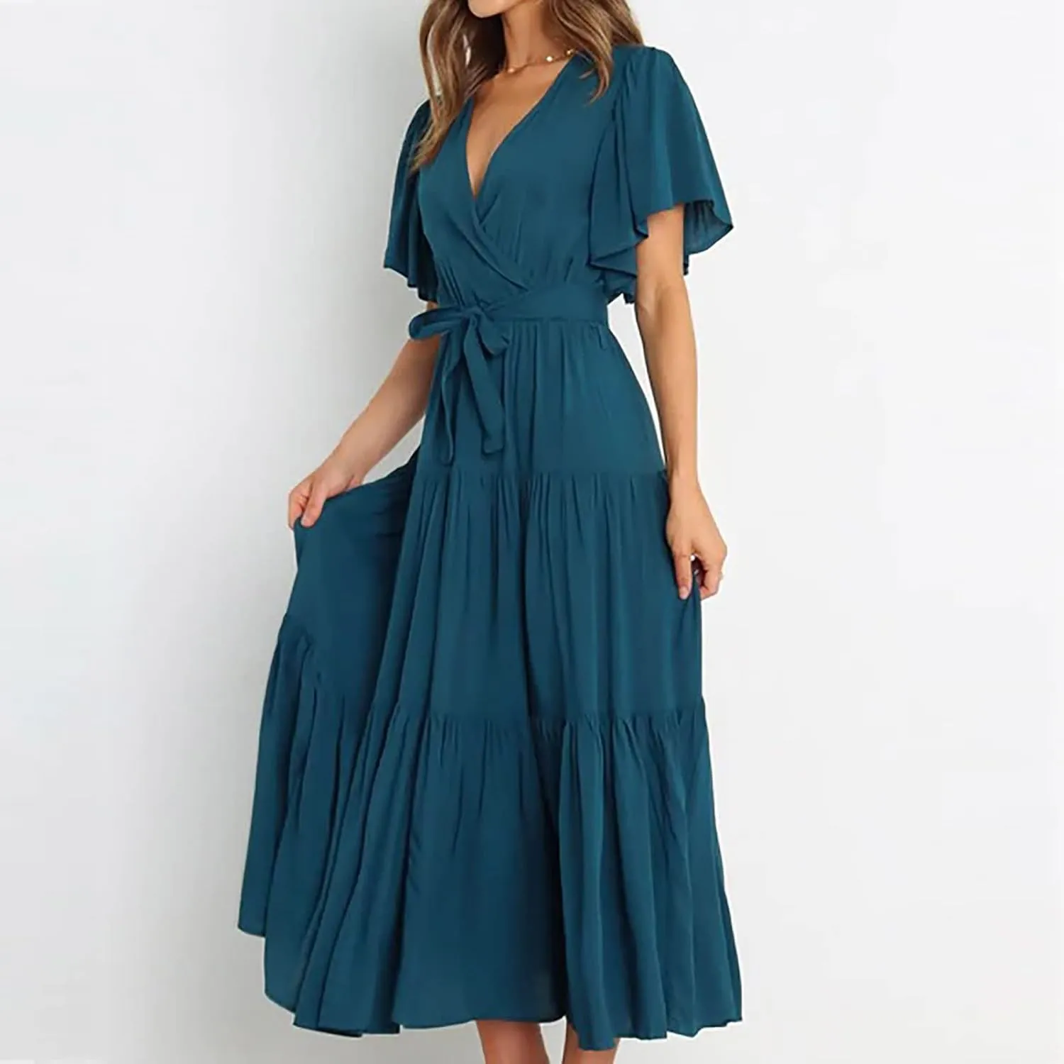 Womens Dresses Summer Casual Cross V Neck Maxi Dress Tie Waist Flutter Sleeve Tiered Ruffle Boho Beach Sundress