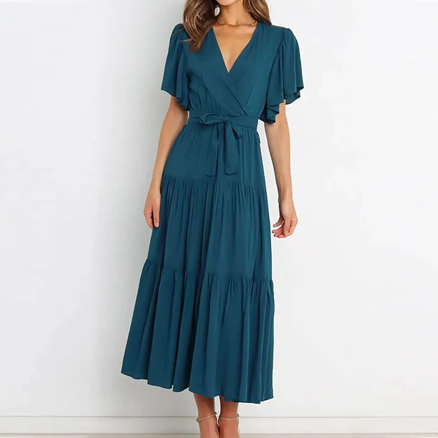 Womens Dresses Summer Casual Cross V Neck Maxi Dress Tie Waist Flutter Sleeve Tiered Ruffle Boho Beach Sundress