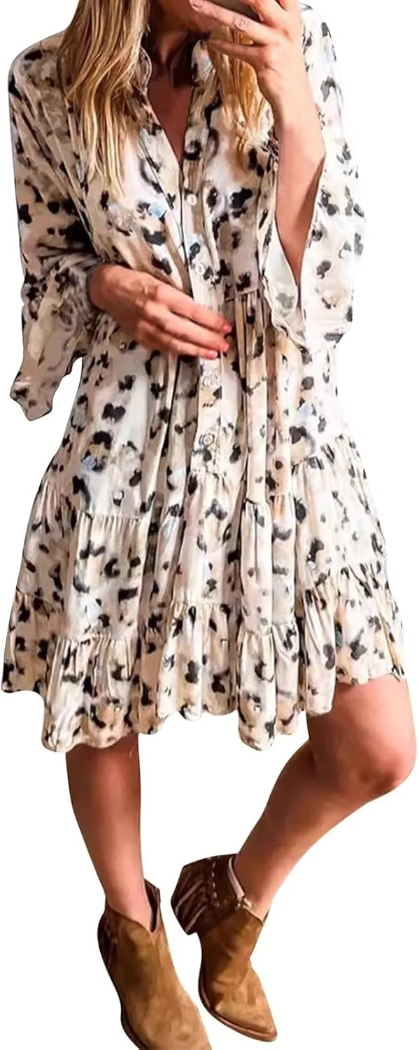 Women's Fashion Dress Boho Ruffle Tiered Flowy Half Sleeve Mini Dress Summer Trendy Going Out Vacation Outfits