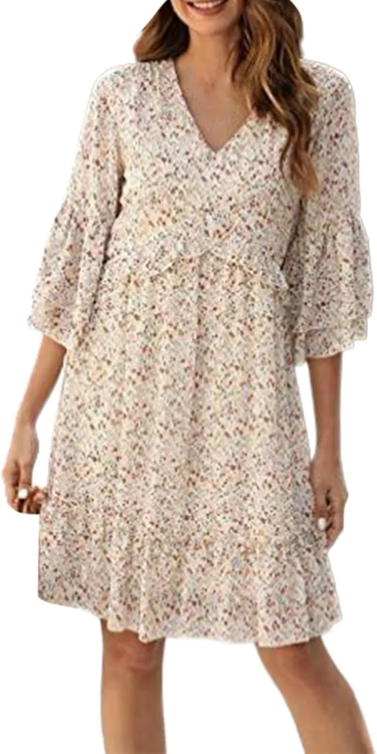 Women's Floral BohoSweet & Cute V-Neck Bell Sleeve Mini A-Line Dresses Summer Fall Casual Flowy Ruffle Chiffon Dress