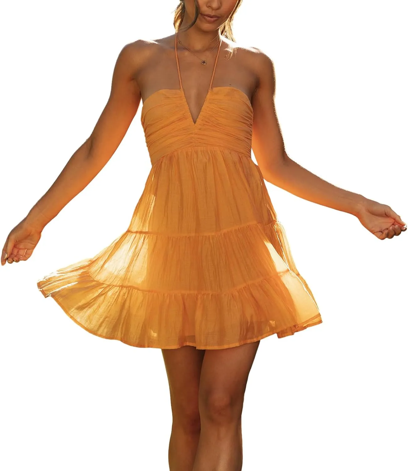 Women's Floral Print Halter Neck Mini Dress Ruched Sleeveless Ruffle Cut Out Flowy Tiered Cute Beach Club Short Dress