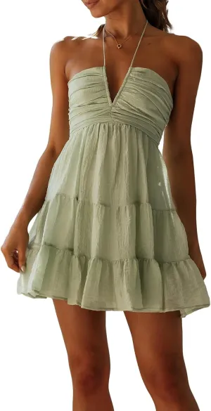 Women's Floral Print Halter Neck Mini Dress Ruched Sleeveless Ruffle Cut Out Flowy Tiered Cute Beach Club Short Dress
