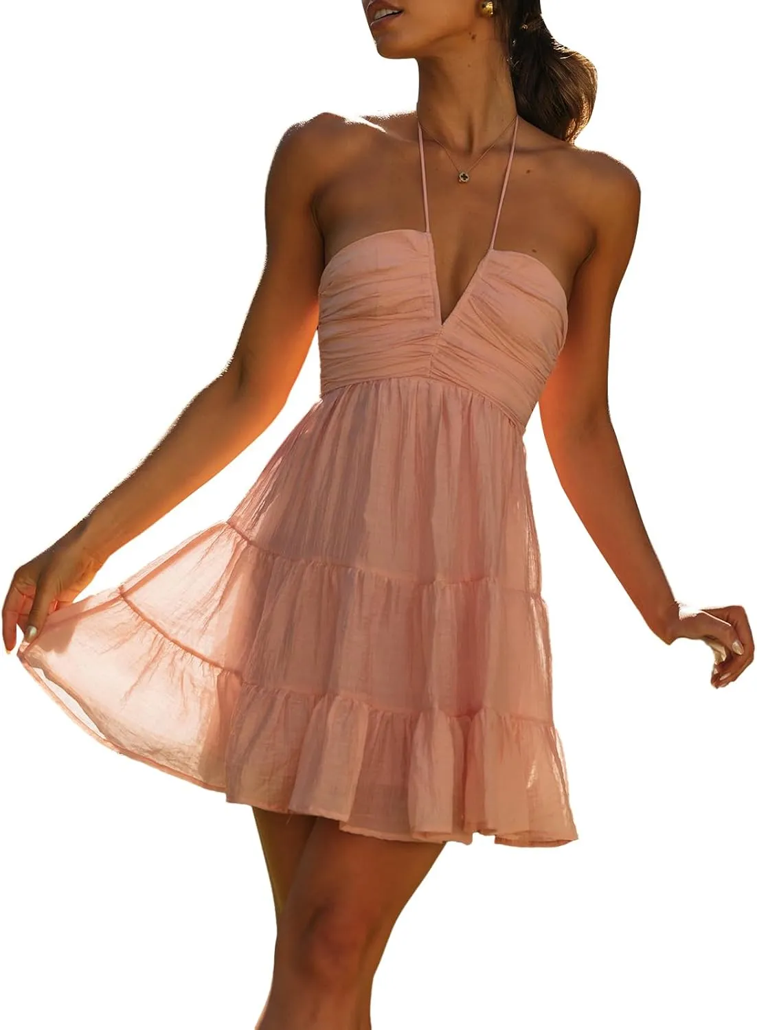 Women's Floral Print Halter Neck Mini Dress Ruched Sleeveless Ruffle Cut Out Flowy Tiered Cute Beach Club Short Dress