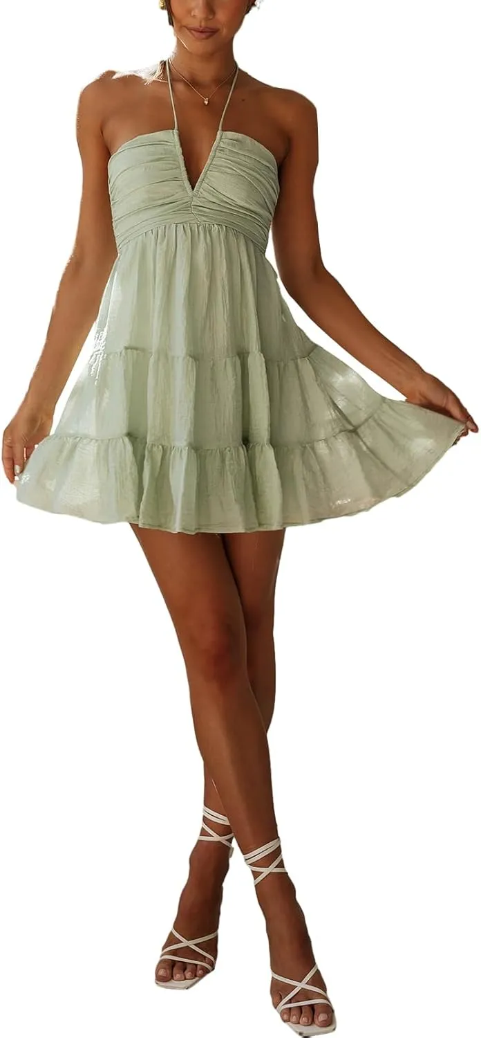 Women's Floral Print Halter Neck Mini Dress Ruched Sleeveless Ruffle Cut Out Flowy Tiered Cute Beach Club Short Dress