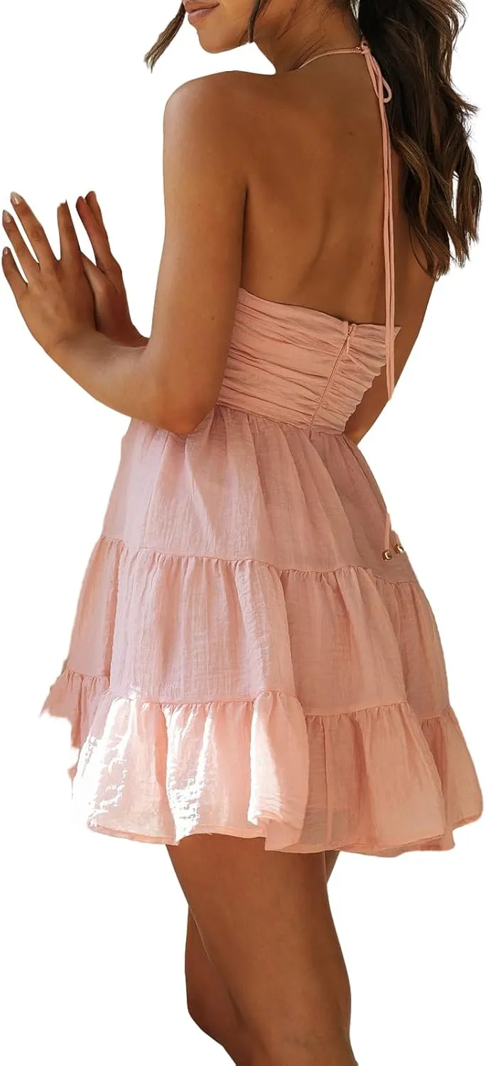 Women's Floral Print Halter Neck Mini Dress Ruched Sleeveless Ruffle Cut Out Flowy Tiered Cute Beach Club Short Dress