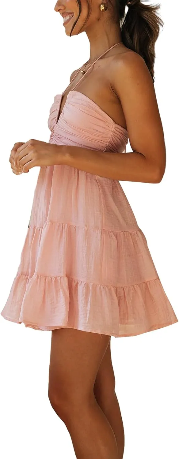 Women's Floral Print Halter Neck Mini Dress Ruched Sleeveless Ruffle Cut Out Flowy Tiered Cute Beach Club Short Dress