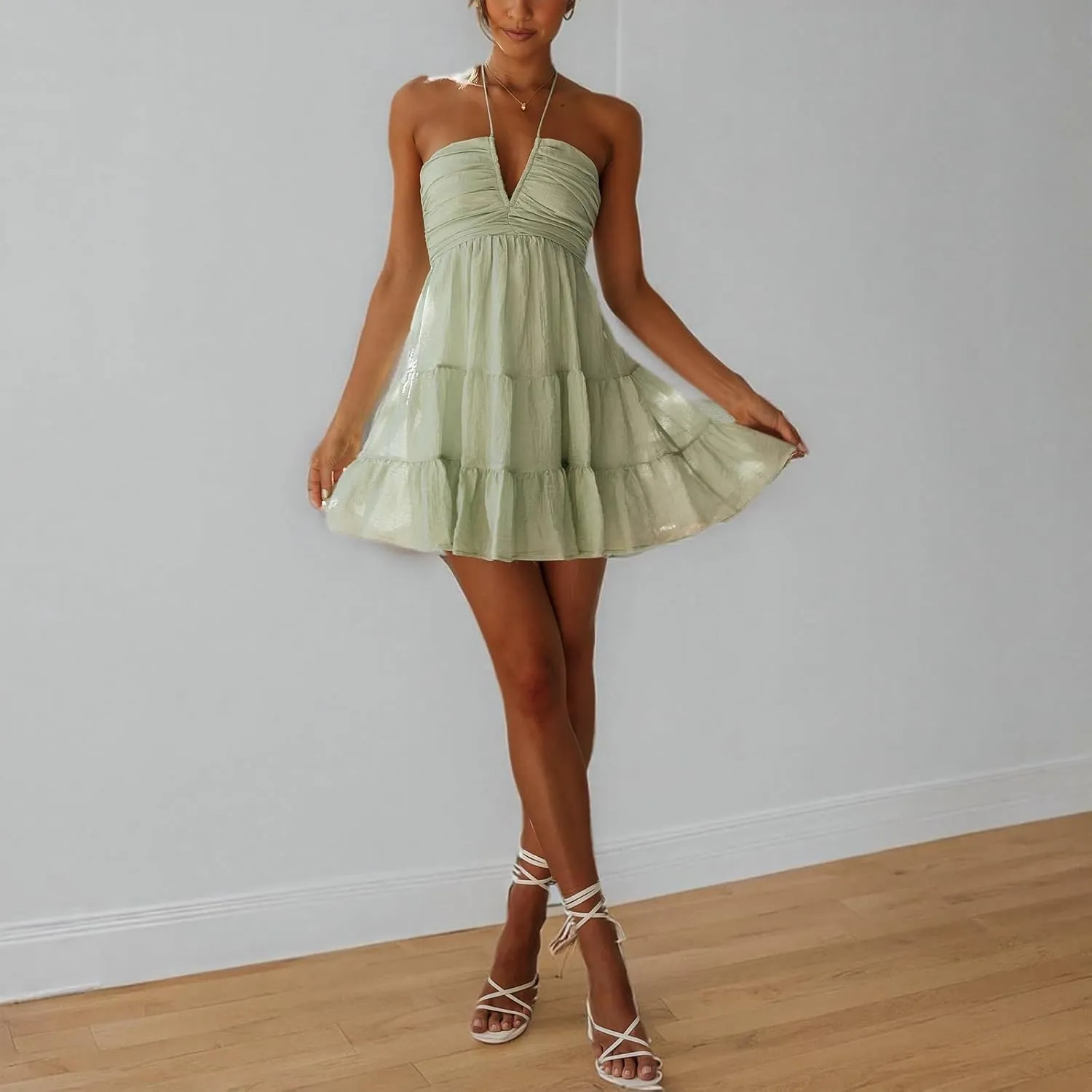 Women's Floral Print Halter Neck Mini Dress Ruched Sleeveless Ruffle Cut Out Flowy Tiered Cute Beach Club Short Dress
