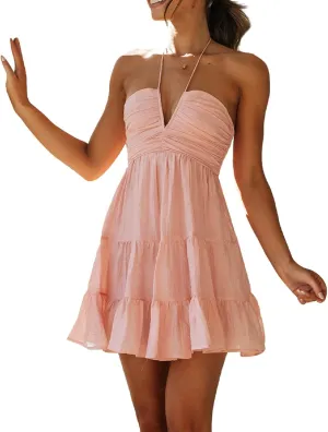 Women's Floral Print Halter Neck Mini Dress Ruched Sleeveless Ruffle Cut Out Flowy Tiered Cute Beach Club Short Dress