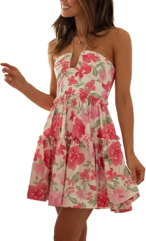 Women's Floral Print Halter Neck Mini Dress Ruched Sleeveless Ruffle Cut Out Flowy Tiered Cute Beach Club Short Dress