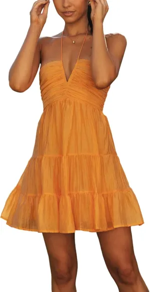 Women's Floral Print Halter Neck Mini Dress Ruched Sleeveless Ruffle Cut Out Flowy Tiered Cute Beach Club Short Dress