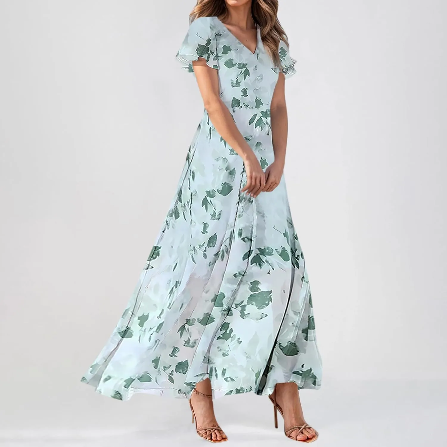Women's Floral Print V Neck Ruffle Cap Sleeve Ruffle Hem Flowy Dress Boho High Waist Dresses for Women 2025
