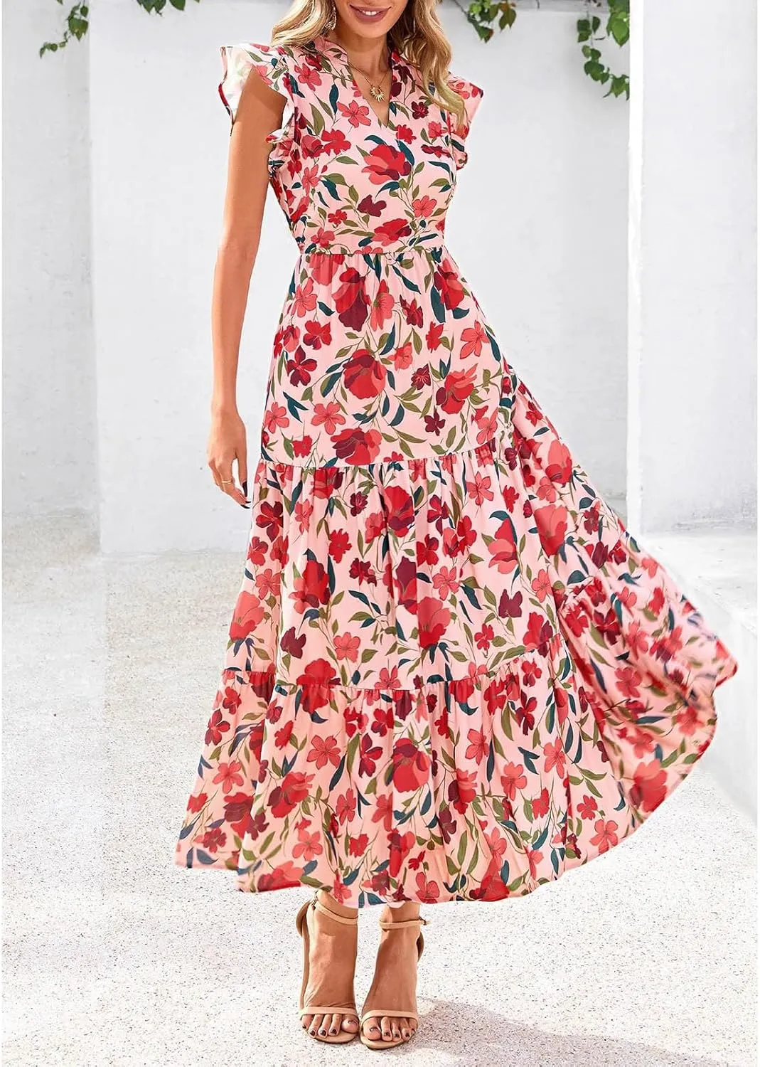 Women's Floral Wrap V-Neck Midi Dress Short Sleeve Boho Summer Beach Long Dress High Low Hem Smocked Dress Women