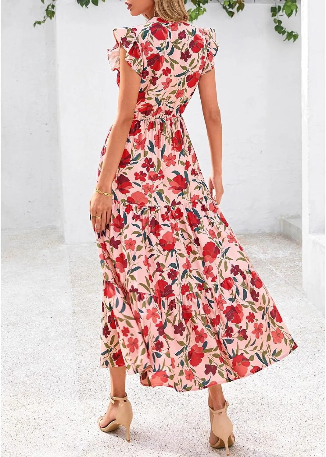 Women's Floral Wrap V-Neck Midi Dress Short Sleeve Boho Summer Beach Long Dress High Low Hem Smocked Dress Women