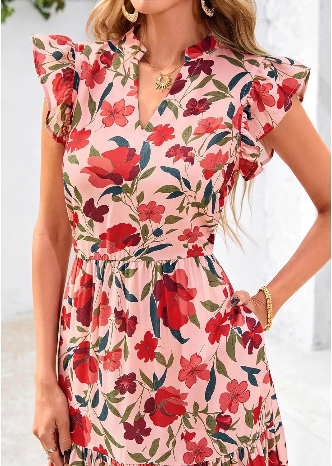 Women's Floral Wrap V-Neck Midi Dress Short Sleeve Boho Summer Beach Long Dress High Low Hem Smocked Dress Women