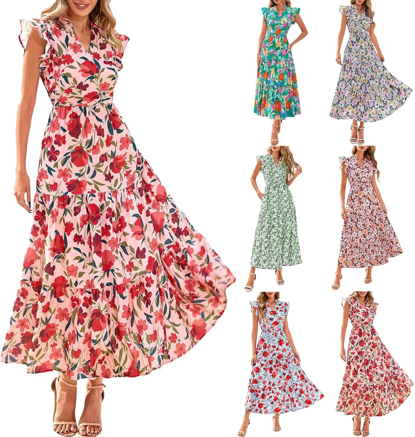 Women's Floral Wrap V-Neck Midi Dress Short Sleeve Boho Summer Beach Long Dress High Low Hem Smocked Dress Women