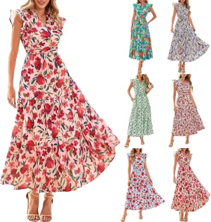 Women's Floral Wrap V-Neck Midi Dress Short Sleeve Boho Summer Beach Long Dress High Low Hem Smocked Dress Women