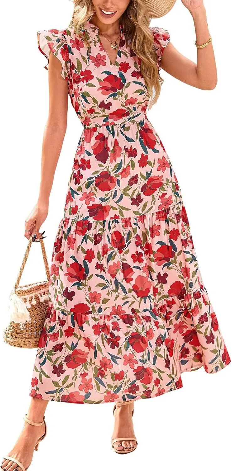 Women's Floral Wrap V-Neck Midi Dress Short Sleeve Boho Summer Beach Long Dress High Low Hem Smocked Dress Women