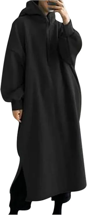 Women's Hooded Sweatshirt Side Split Tunic Dresses Long Sleeve Solid Casual Oversized Long Hoodie Pullovers Tops