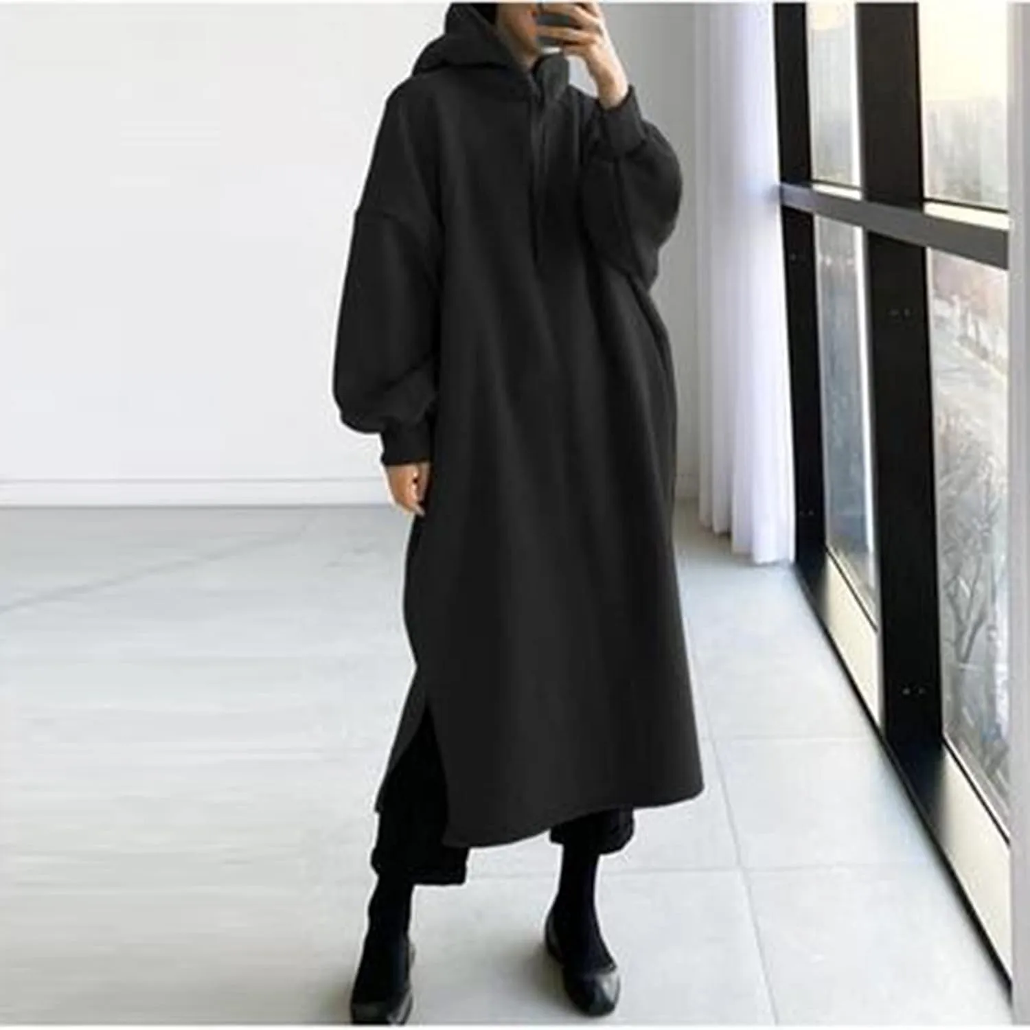 Women's Hooded Sweatshirt Side Split Tunic Dresses Long Sleeve Solid Casual Oversized Long Hoodie Pullovers Tops