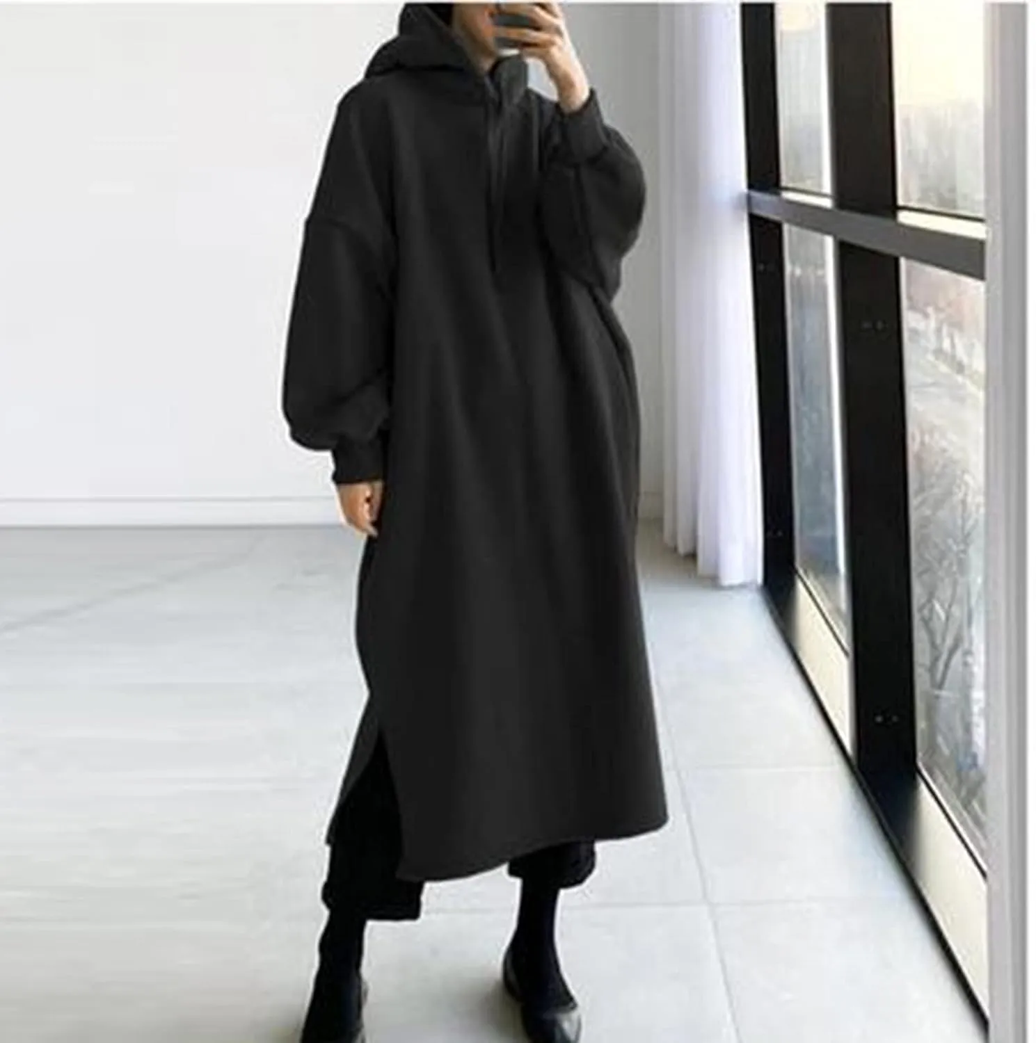 Women's Hooded Sweatshirt Side Split Tunic Dresses Long Sleeve Solid Casual Oversized Long Hoodie Pullovers Tops