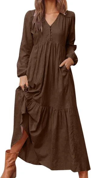 Women's Linen Maxi Dress Long Sleeve with Pockets Casual V Neck Tiered Ruffle Boho Beach Line Cocktail Party Dresses