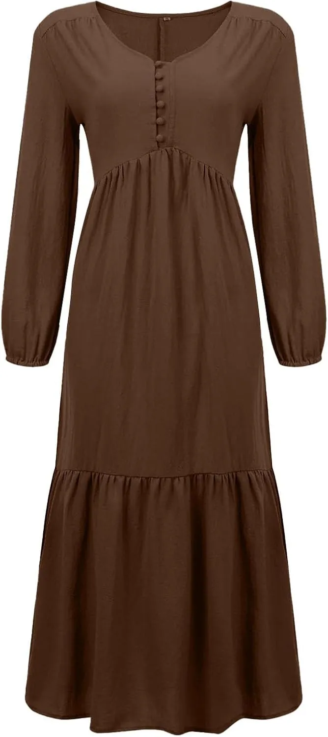 Women's Linen Maxi Dress Long Sleeve with Pockets Casual V Neck Tiered Ruffle Boho Beach Line Cocktail Party Dresses